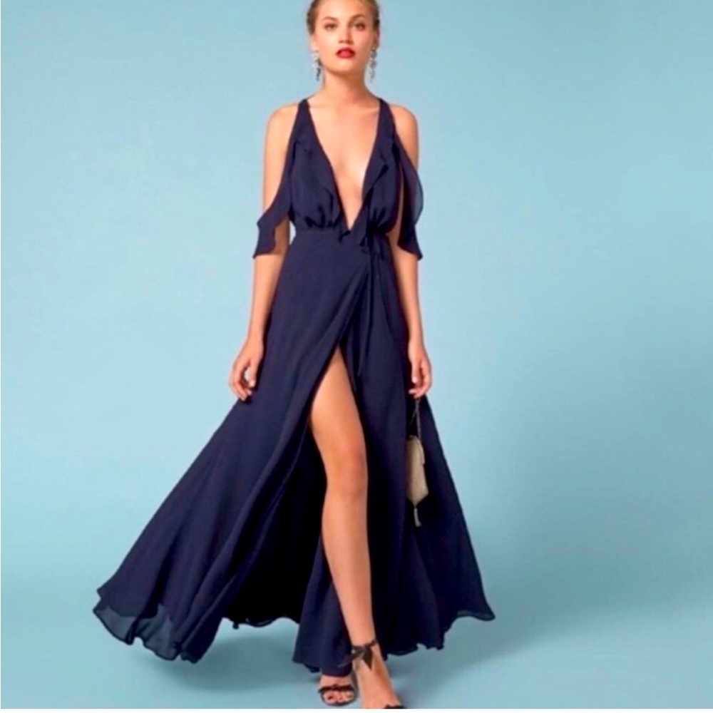 Reformation Plunge V-neck Wrap Open Back Leg Slit Cardelia Long Maxi Dress Tan